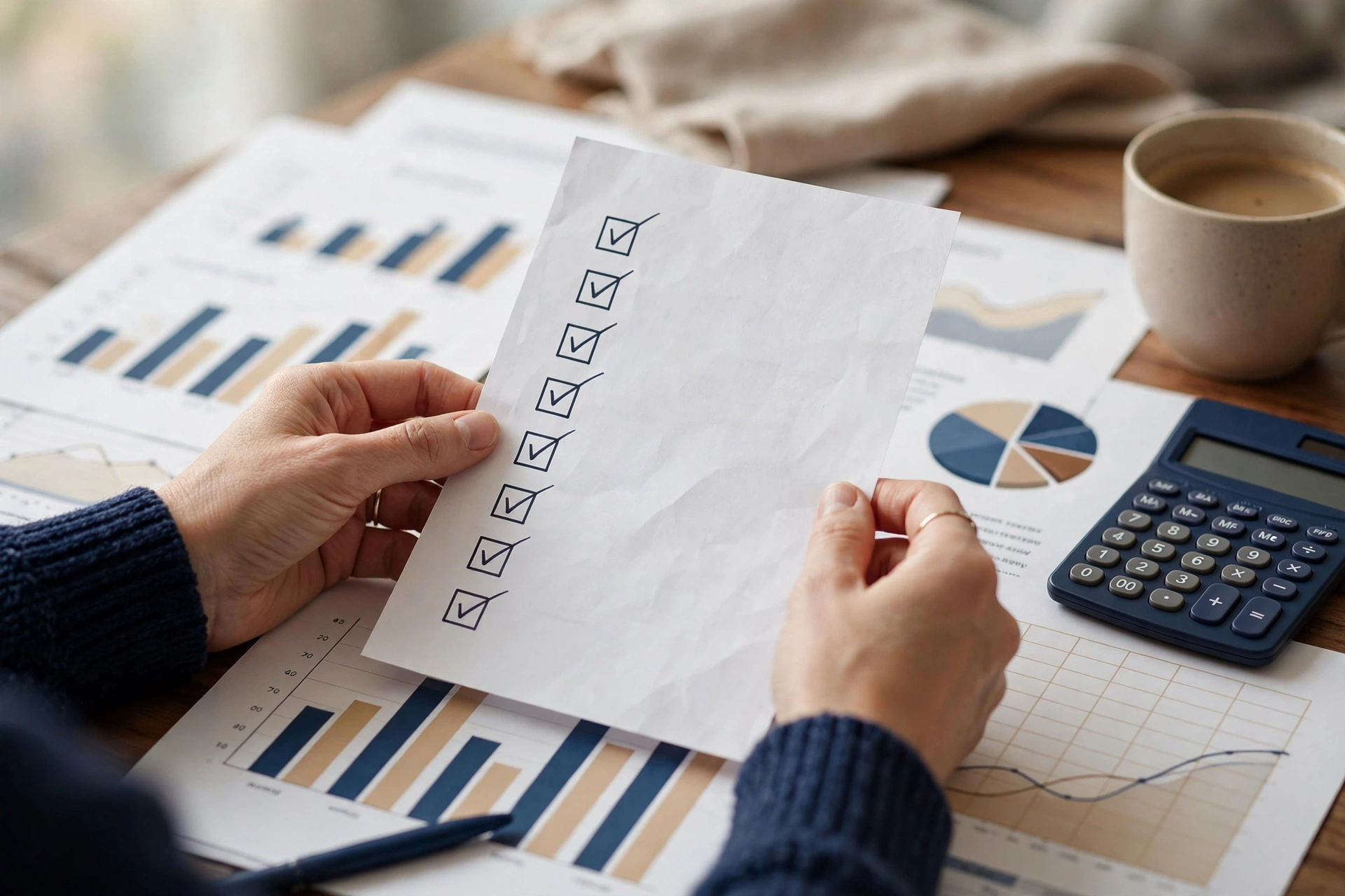 Hands checking a due diligence checklist against financial documents on a desk