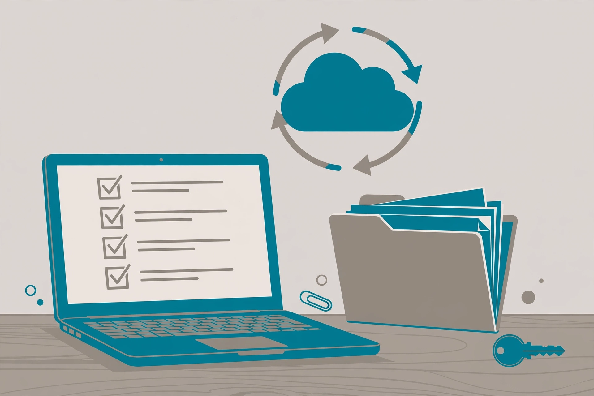 Illustration of a business handover checklist on a laptop with documents, folders, and a key