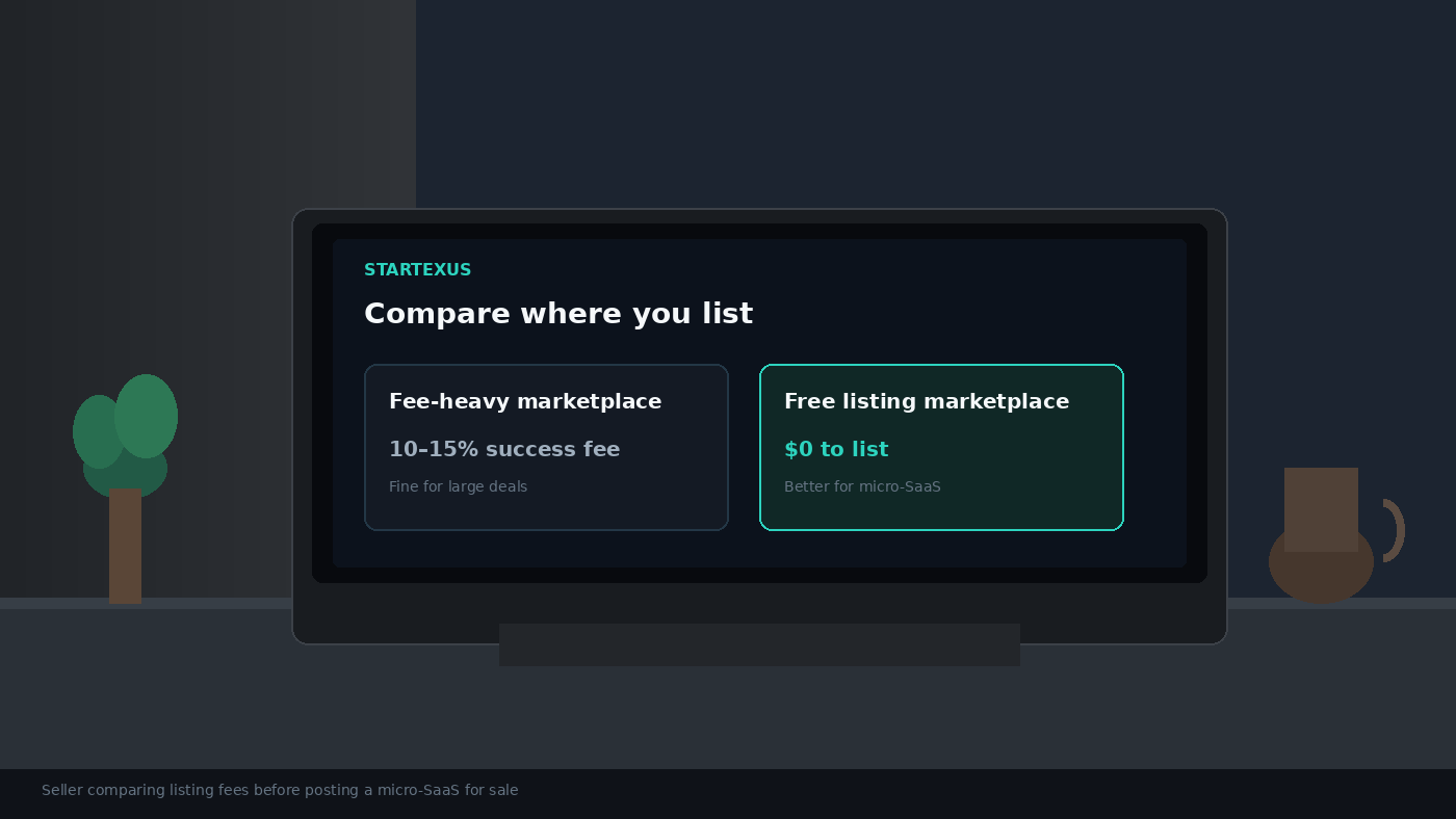 Seller at a desk comparing a fee-heavy marketplace versus a free listing marketplace on a laptop screen before posting a micro-SaaS