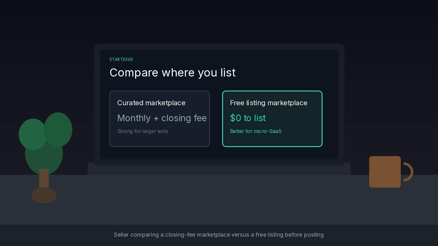 Seller at a desk comparing a curated closing-fee marketplace versus a free listing marketplace on a laptop screen before posting a micro-SaaS